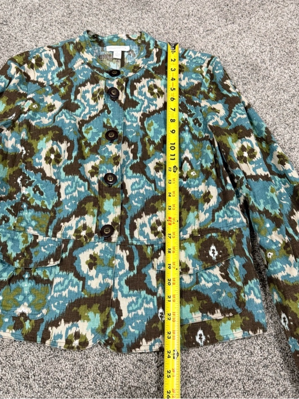 Vintage Charter Club Teal Brown Ikat 100% Linen Pockets Blazer Jacket Women’s L - Picture 4 of 11